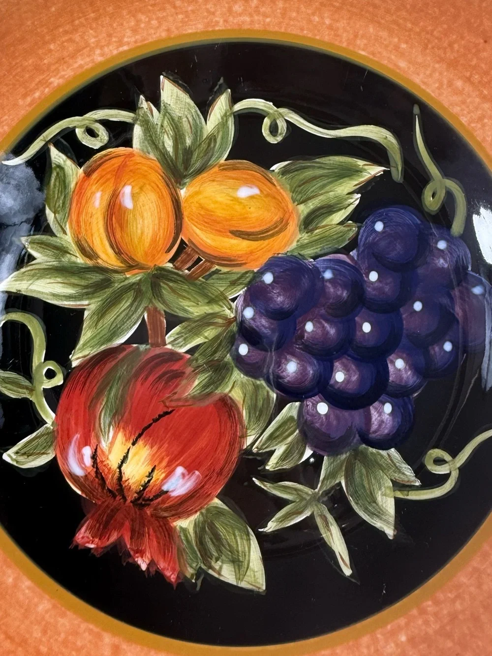 Hand-Painted Fruit Ceramic Serving Plate in Orange and Black